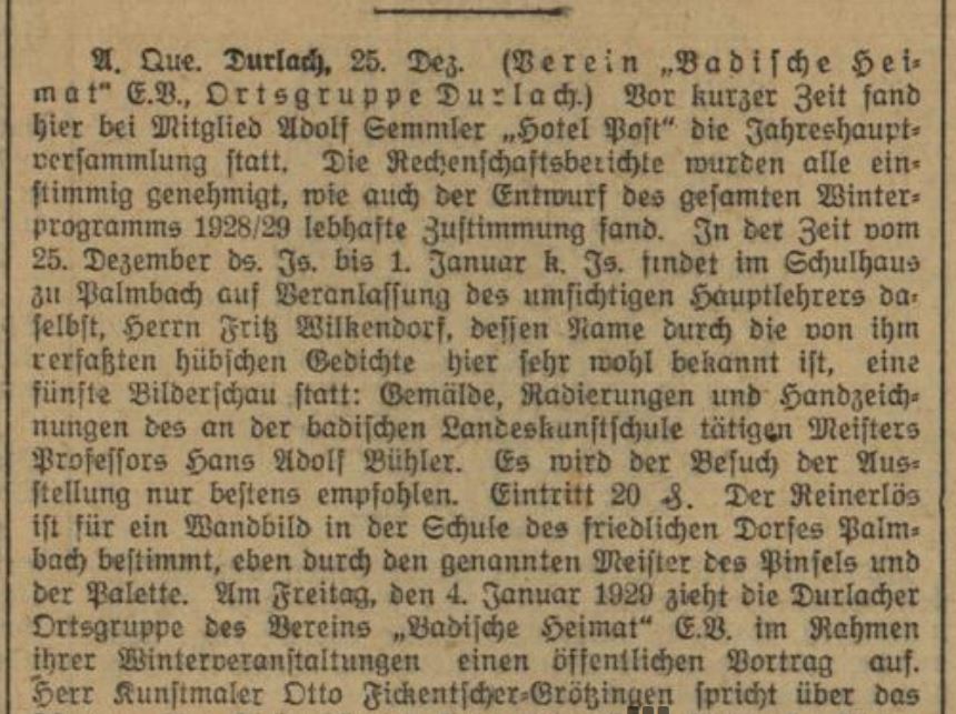 Durlacher Tagblatt 1929: Wandbild in der Schule Palmbach, Hans Fischer-Schuppach